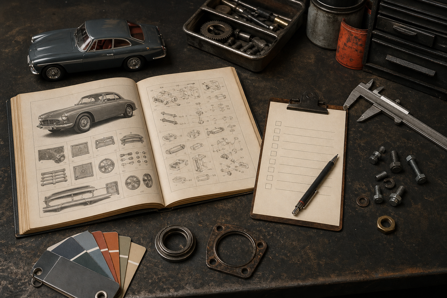 Classic car restoration plan and components on a workshop bench