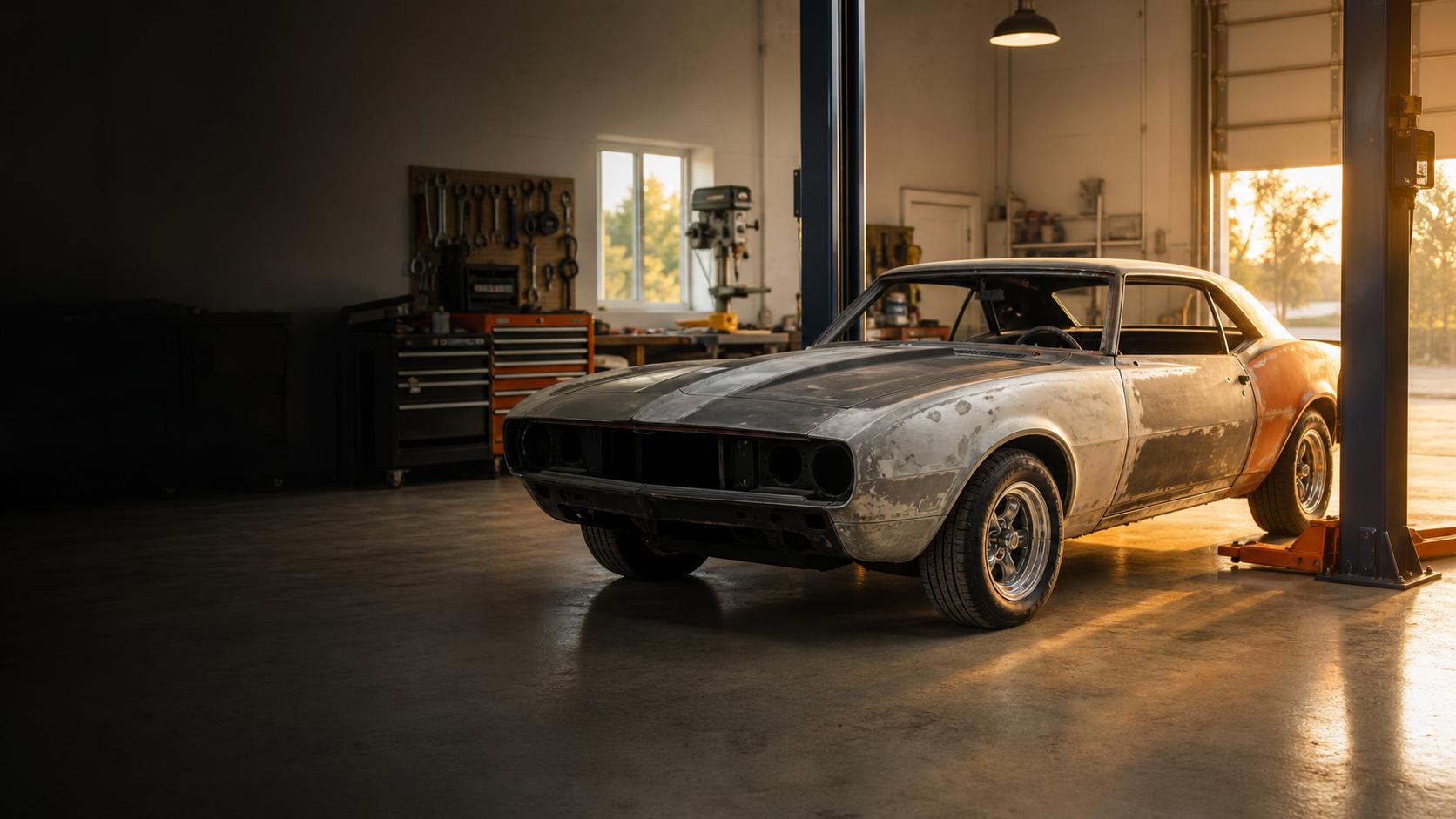 Classic car positioned for restoration planning in a workshop
